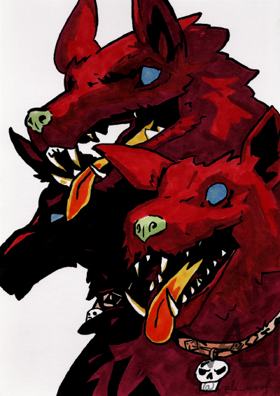 A portrait of Cerberus as he is depicted in the video game Hades. Done with alcohol markers. He has red fur, blue eyes, green noses and yellow tongues with orange highlights. All three heads are looking left. The one in the background is in full profile and for most part, only the silhouette is visible, except for the blue eyes and some highlights on the muzzle, forehead, ear and collar. The head in the foreground has the same kind of collar. A brown one featuring a skull as a dog tag.