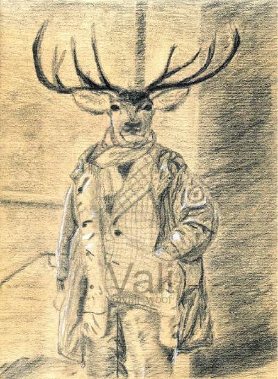 A picture of an anthropomorphic deer wearing a jacket and suit, done with graphite