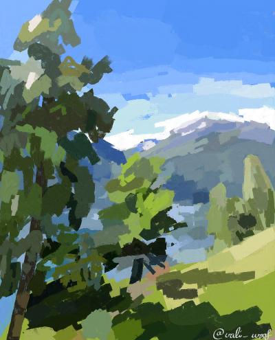 Digital painting depicting mountains in the background, a lake in the midground and some trees in the foreground