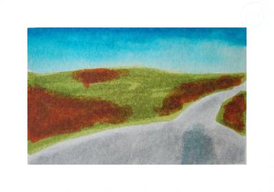 A drawing of a road on a hilly landscape