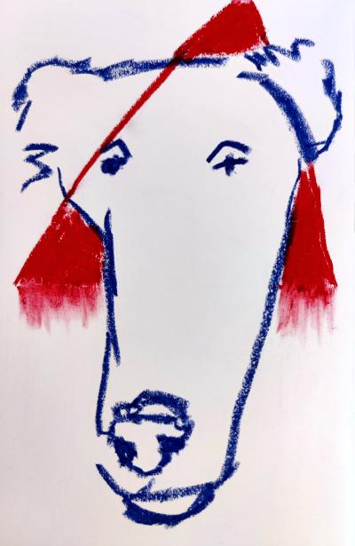 a drawing of a dog's face on top of a red triangle, the bottom of the triangle is smudged