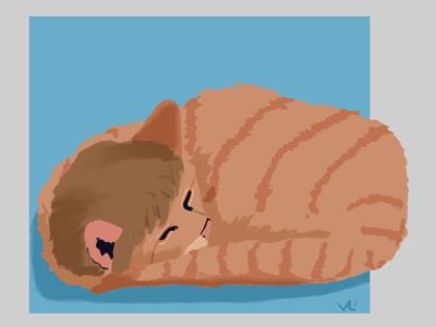 A digital painting of a curled up red cat