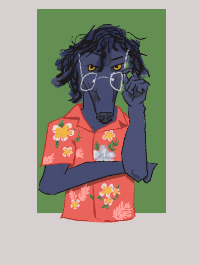 A digital painting of an anthropomorphic borzoi wearing a red Hawaii shirt with flowers on it. They wear thin white glasses which are being pulled down the snoot by their left hand. The other hand is resting on the left elbow bend creating an angular shape. The head is tilting downwards while the yellow eyes are focussing on the viewer. One eyebrow is raised which creates a kind of concerned or questioning expression.