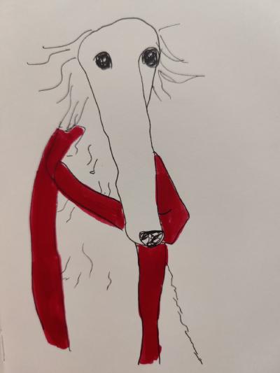 Drawing of a borzoi with an extra long snoot and a red scarf