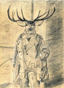 A picture of an anthropomorphic deer wearing a jacket and suit, done with graphite