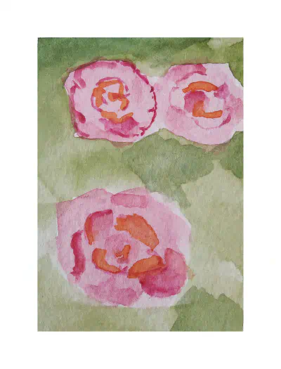 A watercolor painting of three pink roses