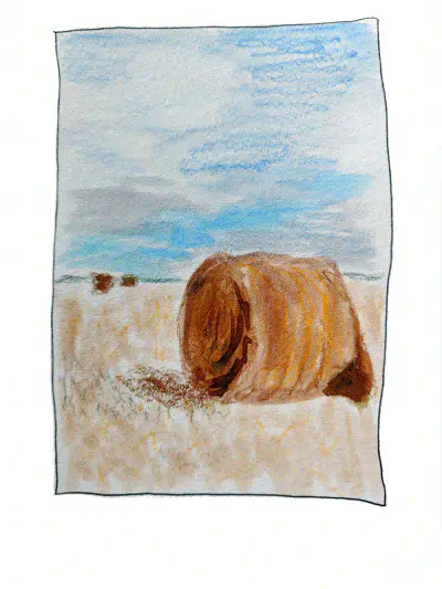 A picture of a hay bale in a field. Done with water color, markers, colored pencils