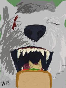 A painting of Werelycanthrope's fursona opening his maw, ready to eat a sandwich. A cat's head is peeking out of the front of the sandwich.