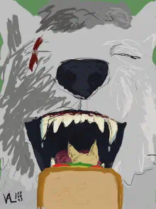 A painting of Werelycanthrope's fursona opening his maw, ready to eat a sandwich. A cat's head is peeking out of the front of the sandwich.