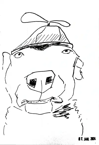 ink sketch of a Labrador wearing a propeller hat, making a silly face