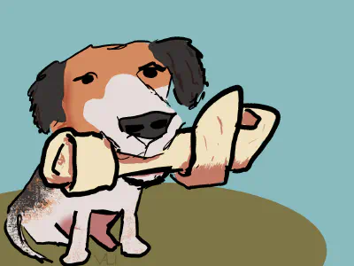 Vali, as a feral dog, sitting with a bone in their mouth