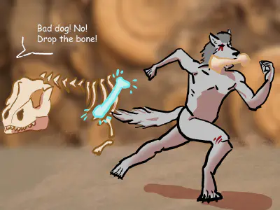 A grey werewolf with a bone in their mouth running away from a dinosaur fossil which is missing a bone. Somebody from off screen says: 'Bad dog! No! Drop the bone!'